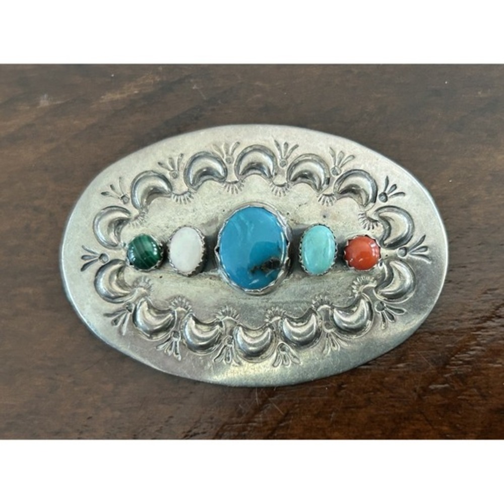 Vintage Navajo Sterling‎ Turquoise Coral Rose Quartz Malachite Brooch